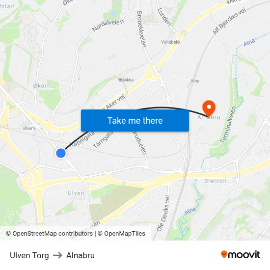 Ulven Torg to Alnabru map