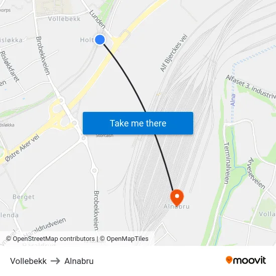 Vollebekk to Alnabru map