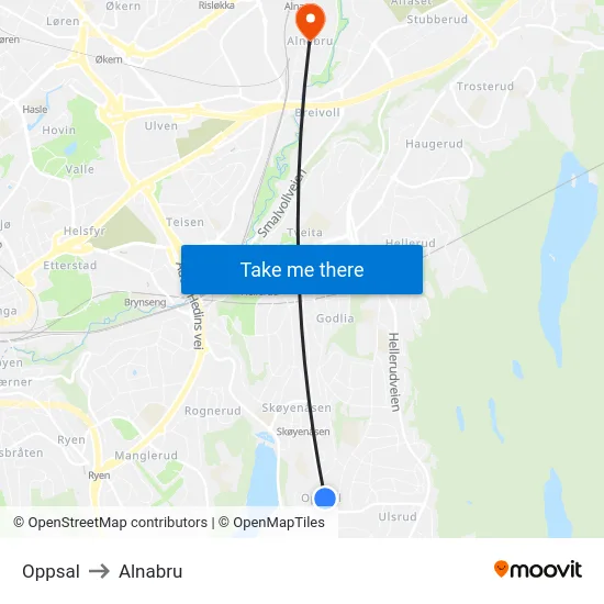 Oppsal to Alnabru map