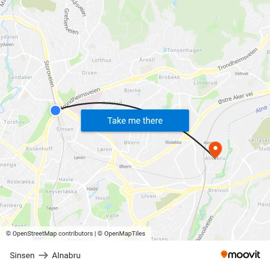 Sinsen to Alnabru map