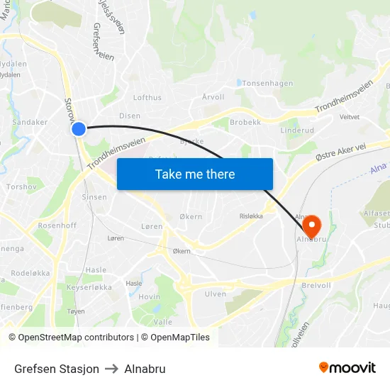 Grefsen Stasjon to Alnabru map