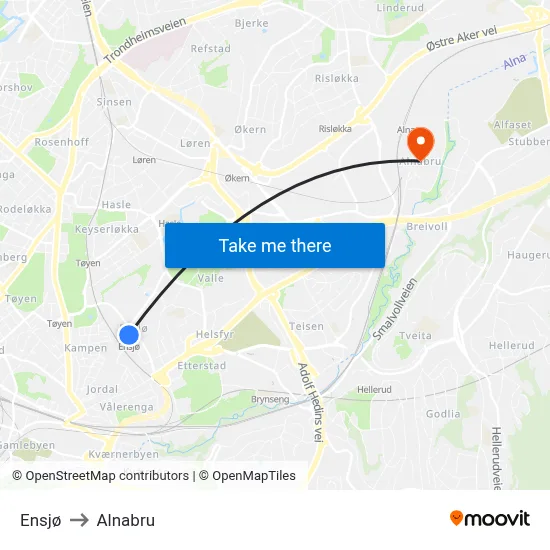 Ensjø to Alnabru map