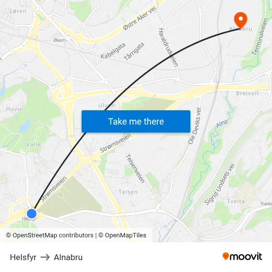 Helsfyr to Alnabru map