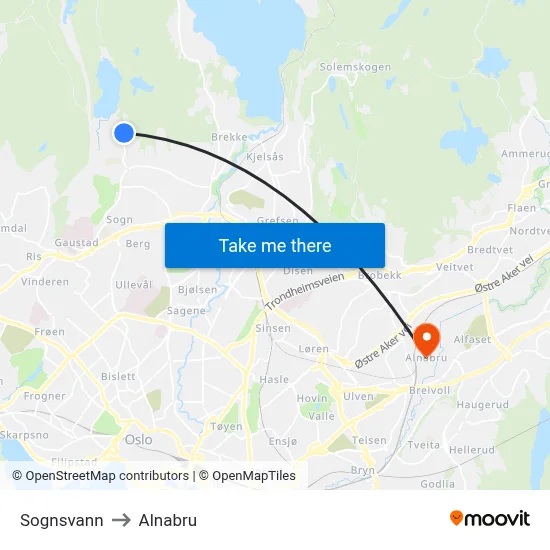 Sognsvann to Alnabru map