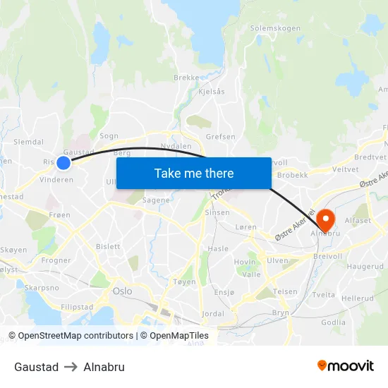 Gaustad to Alnabru map