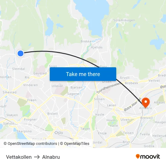 Vettakollen to Alnabru map