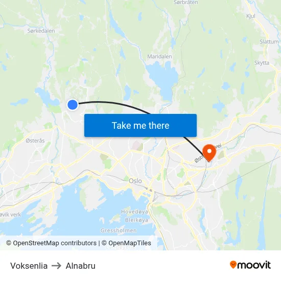 Voksenlia to Alnabru map