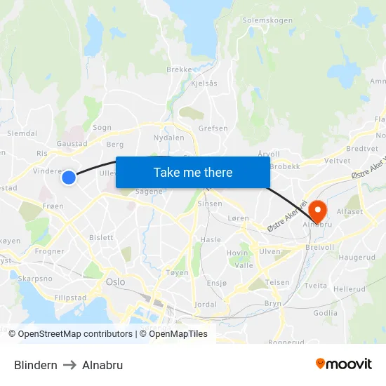 Blindern to Alnabru map
