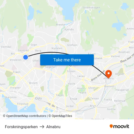 Forskningsparken to Alnabru map