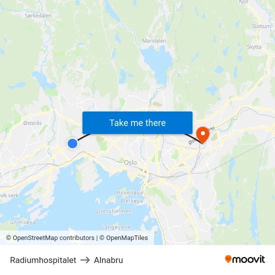 Radiumhospitalet to Alnabru map