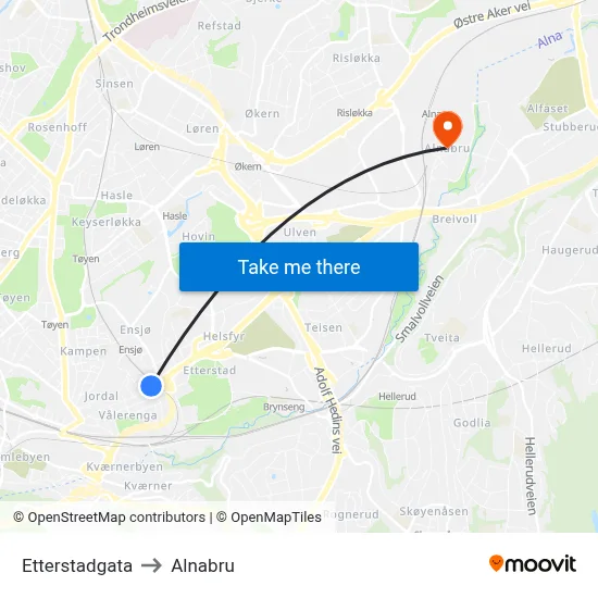 Etterstadgata to Alnabru map