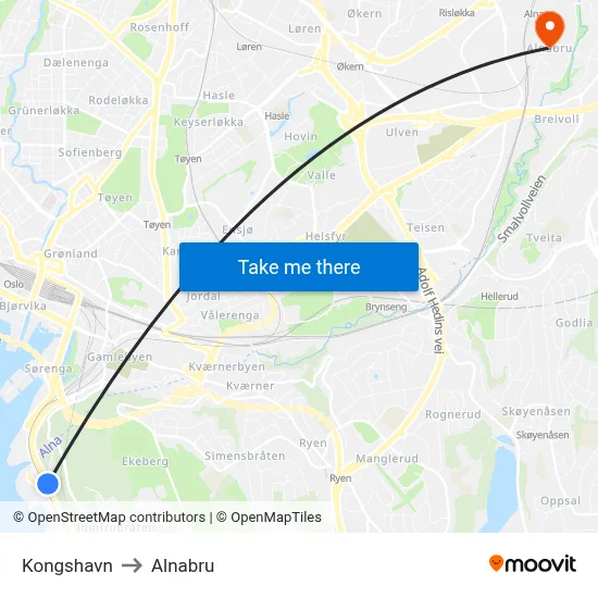 Kongshavn to Alnabru map