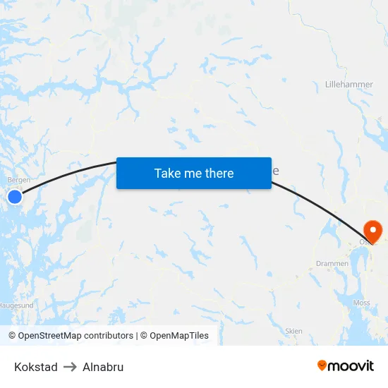 Kokstad to Alnabru map