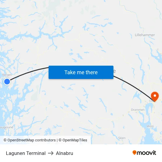 Lagunen Terminal to Alnabru map