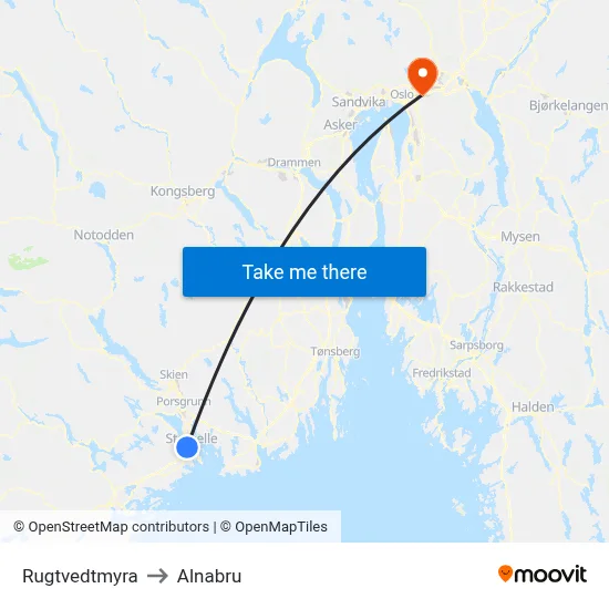 Rugtvedtmyra to Alnabru map