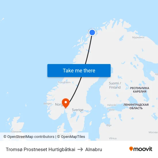 Tromsø Prostneset Hurtigbåtkai to Alnabru map
