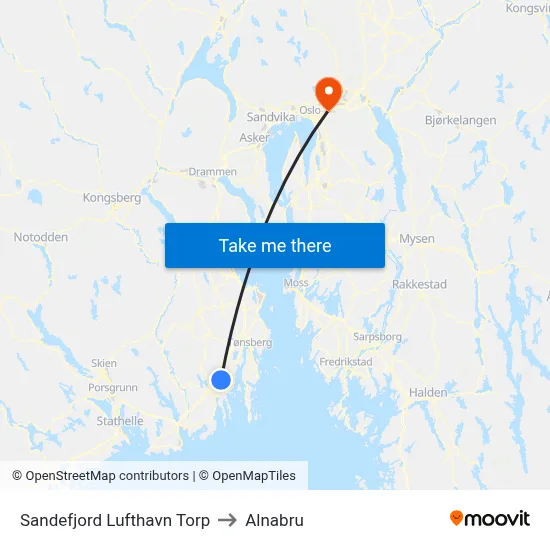 Sandefjord Lufthavn Torp to Alnabru map