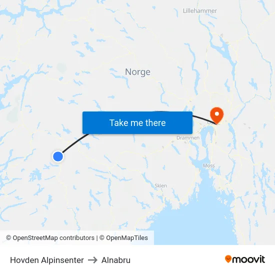 Hovden Alpinsenter to Alnabru map