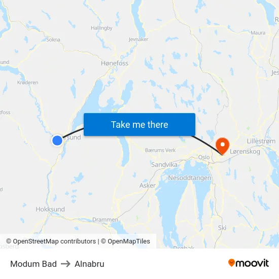 Modum Bad to Alnabru map