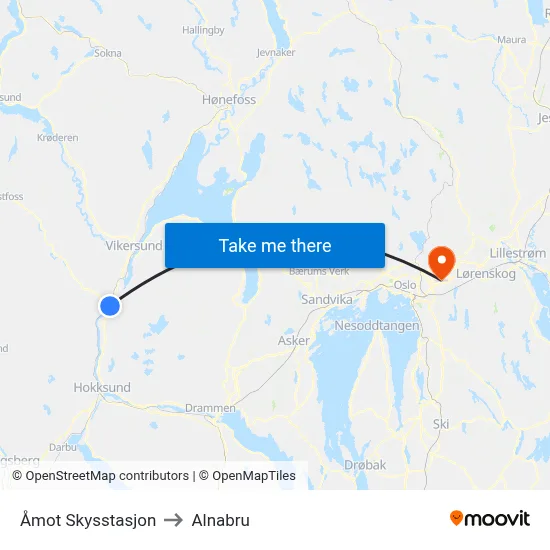 Åmot Skysstasjon to Alnabru map
