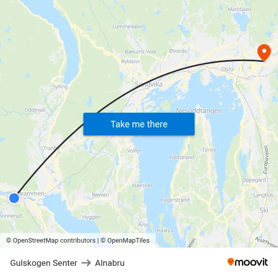 Gulskogen Senter to Alnabru map