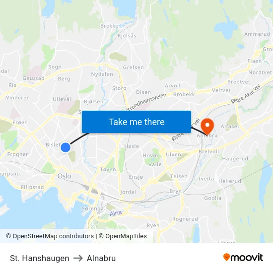 St. Hanshaugen to Alnabru map