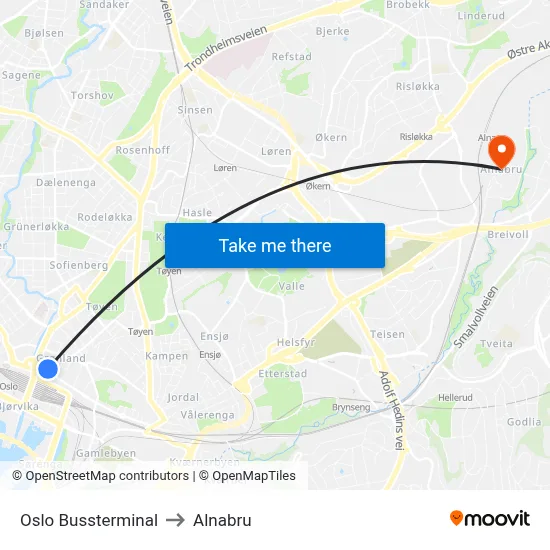Oslo Bussterminal to Alnabru map