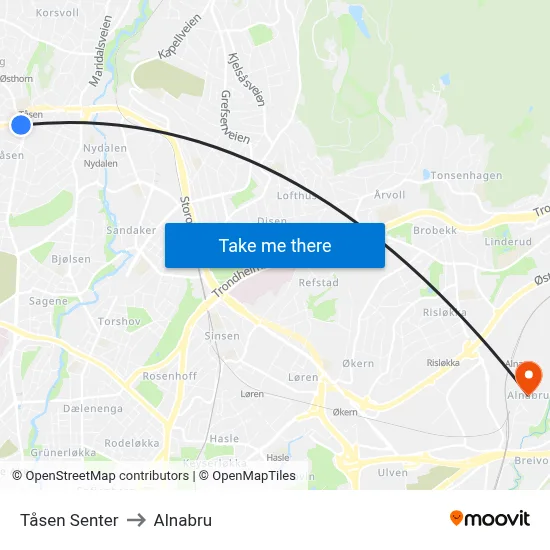 Tåsen Senter to Alnabru map