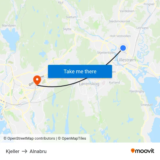 Kjeller to Alnabru map