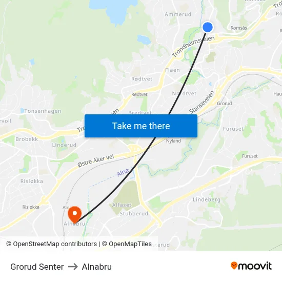Grorud Senter to Alnabru map