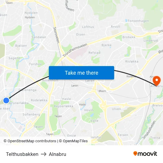 Telthusbakken to Alnabru map