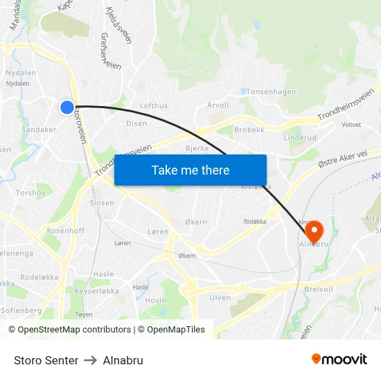 Storo Senter to Alnabru map