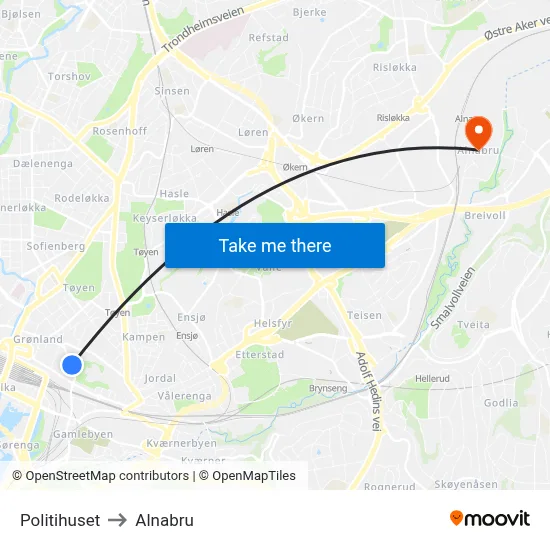 Politihuset to Alnabru map