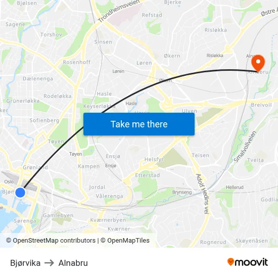 Bjørvika to Alnabru map