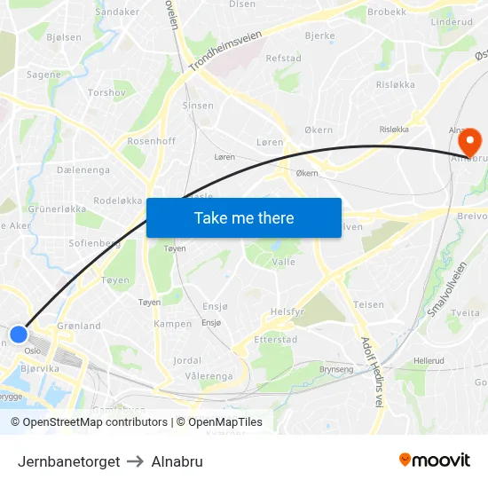 Jernbanetorget to Alnabru map