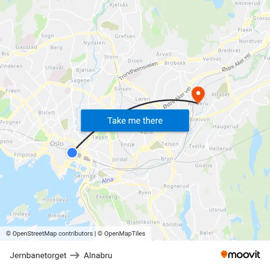 Jernbanetorget to Alnabru map