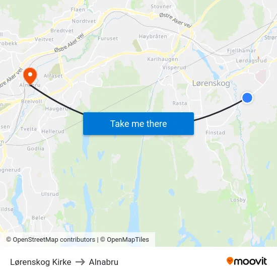 Lørenskog Kirke to Alnabru map