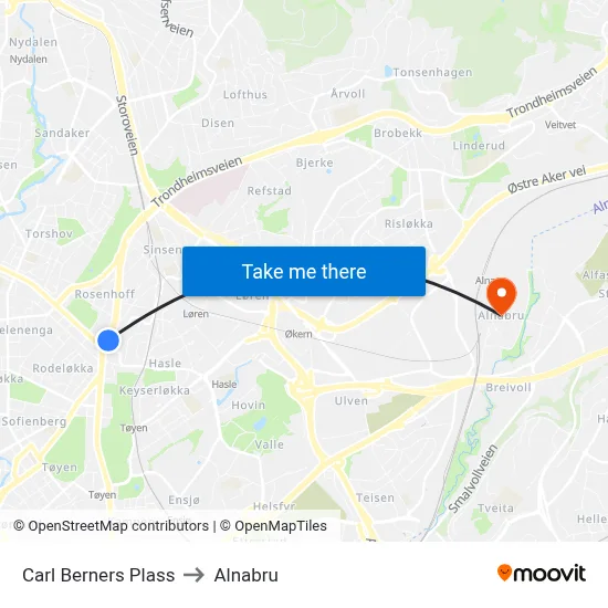 Carl Berners Plass to Alnabru map