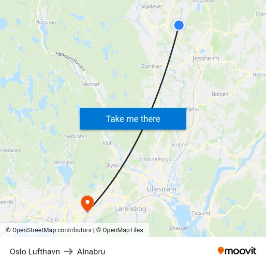 Oslo Lufthavn to Alnabru map
