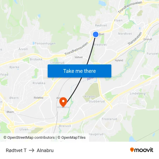 Rødtvet T to Alnabru map