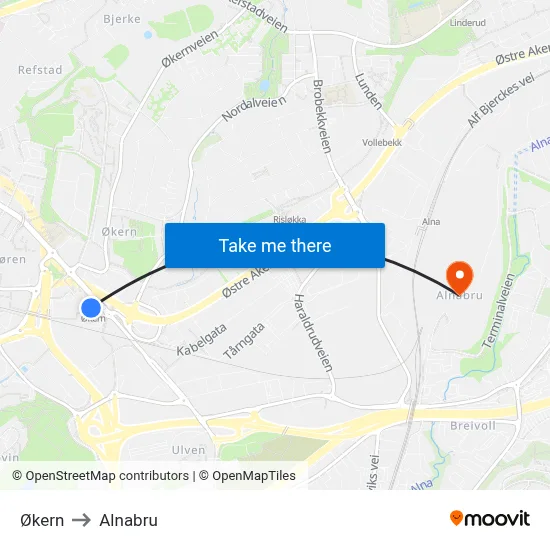 Økern to Alnabru map