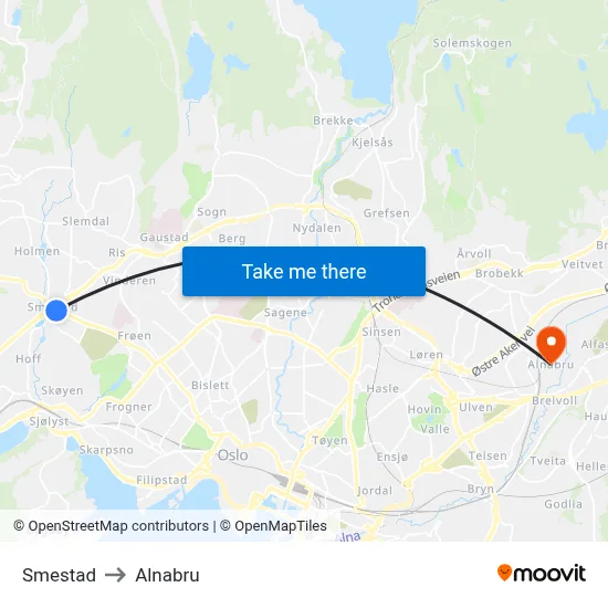 Smestad to Alnabru map