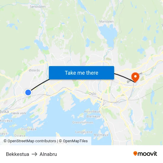 Bekkestua to Alnabru map