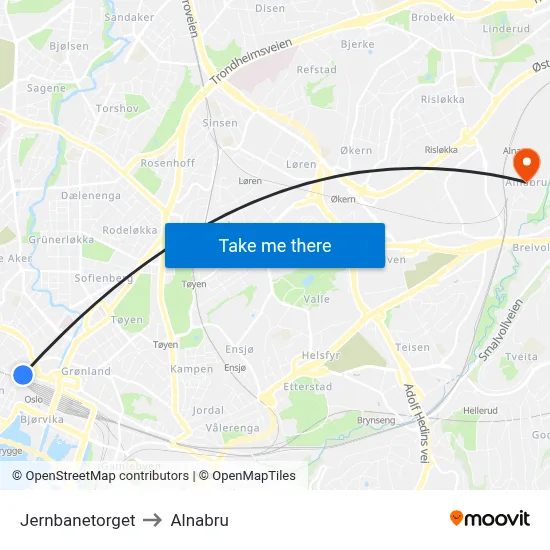 Jernbanetorget to Alnabru map