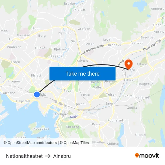 Nationaltheatret to Alnabru map