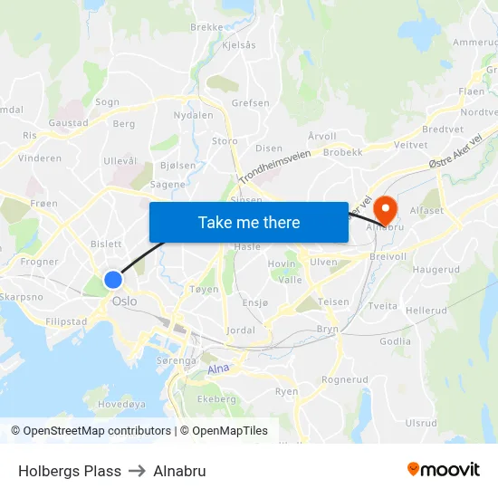Holbergs Plass to Alnabru map