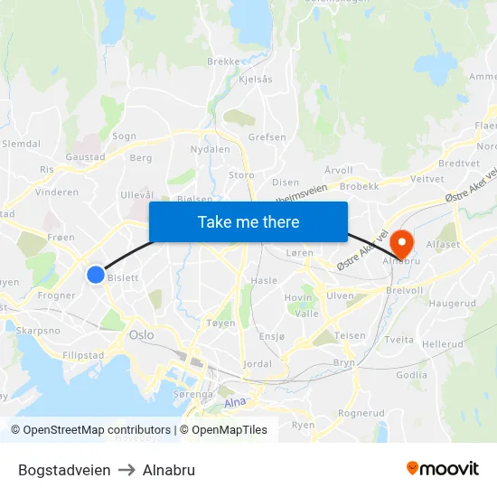 Bogstadveien to Alnabru map
