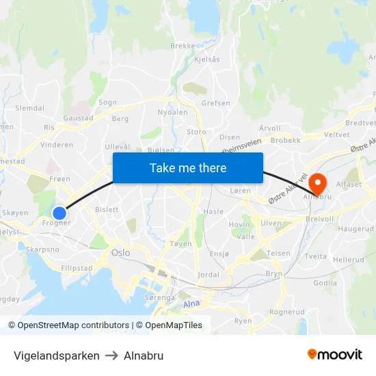 Vigelandsparken to Alnabru map