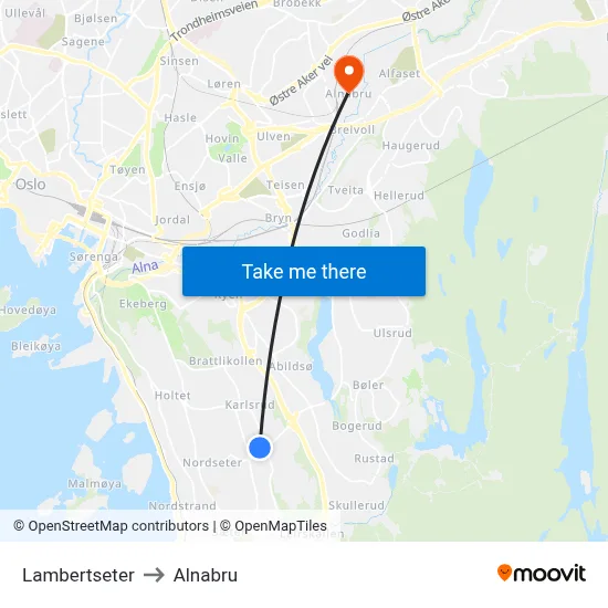 Lambertseter to Alnabru map
