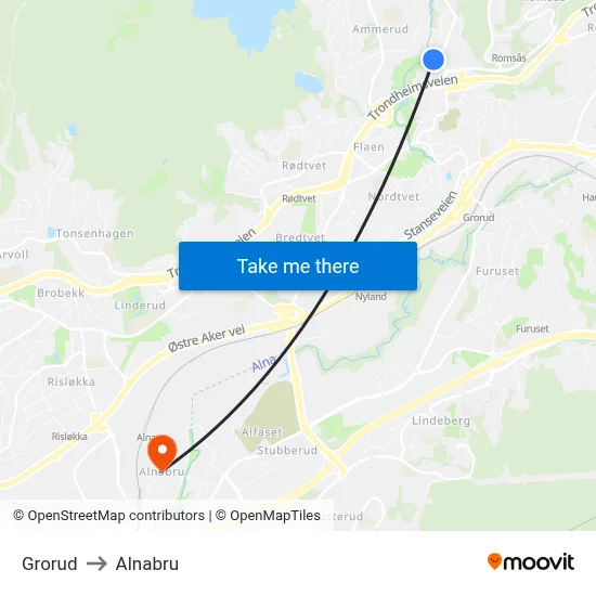 Grorud to Alnabru map